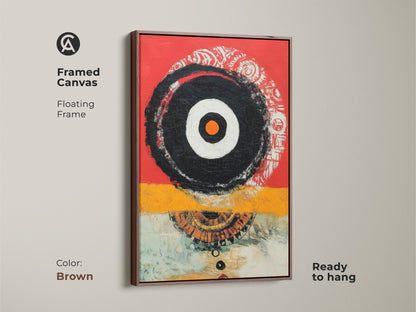 Framed canvas showing a geometric abstract design with a floating frame. The brown frame complements the red yellow and black color palette. Ready to hang this wall art enhances your home. The contemporary style fits any decor. Its ideal for living rooms or studios.
