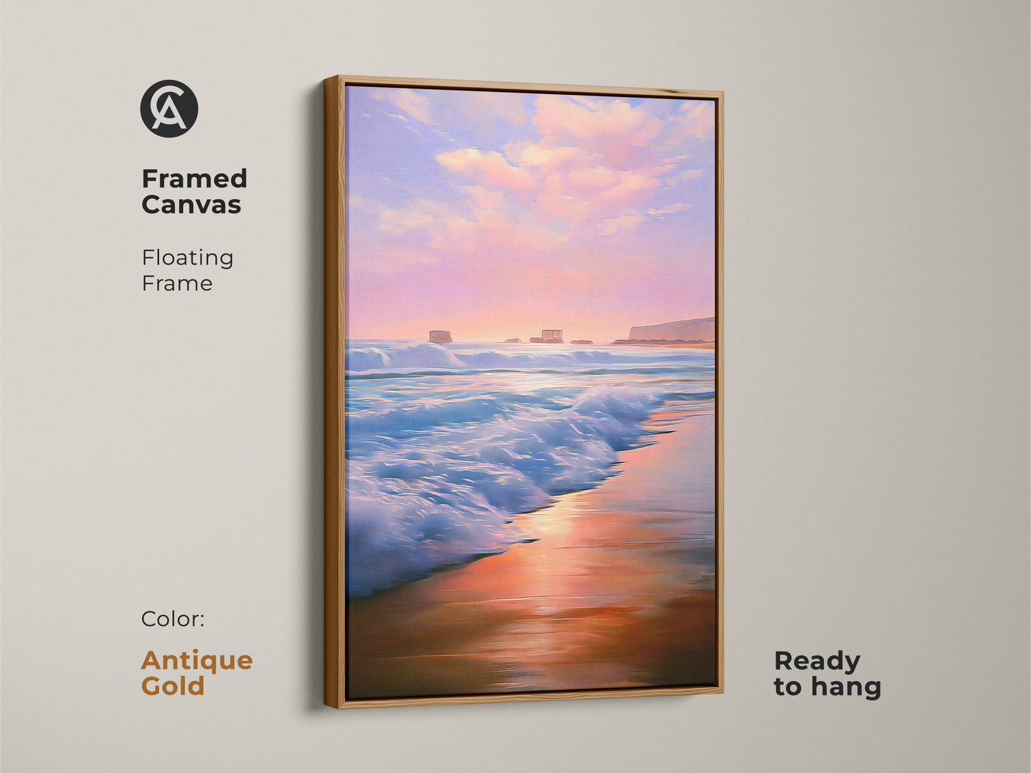 Framed canvas displays coastal landscape decor with an antique gold floating frame. The pink sky beach art creates a soothing minimalist beach print. It offers a serene bedroom ocean view suitable as a coastal home gift idea.