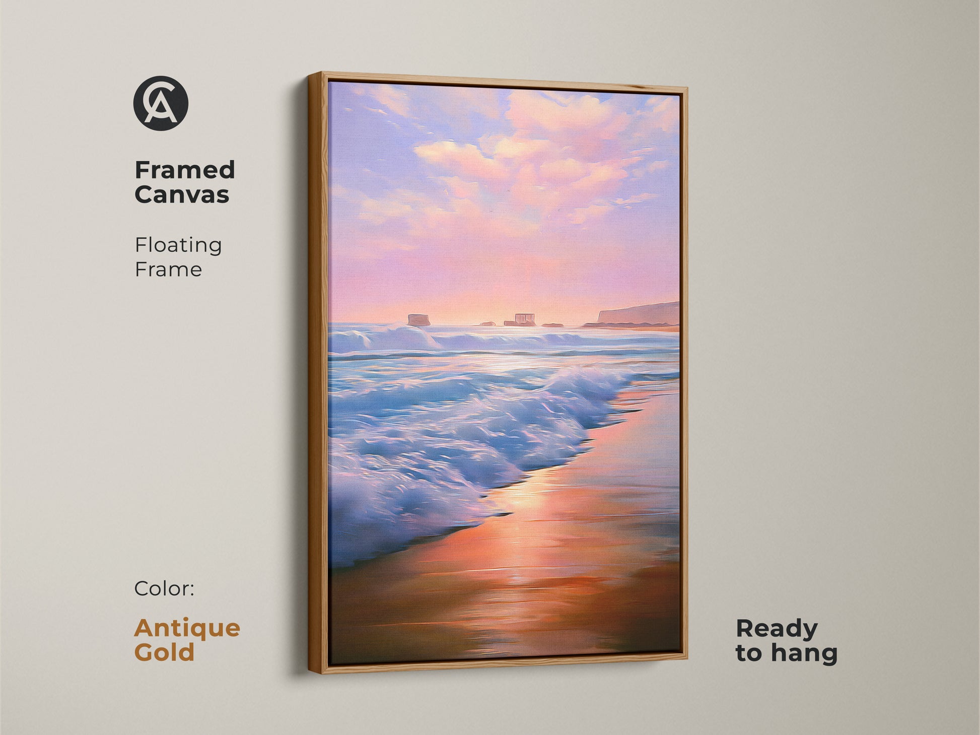 Framed canvas displays coastal landscape decor with an antique gold floating frame. The pink sky beach art creates a soothing minimalist beach print. It offers a serene bedroom ocean view suitable as a coastal home gift idea.