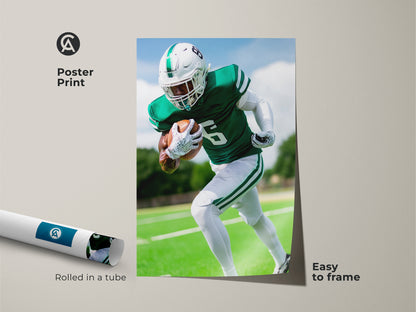 The rolled American Football art poster is easy to frame. This sports action print shows a dynamic player in motion. The Green and White athletic artwork is perfect for office sports decor. Get this sports enthusiast gift now.