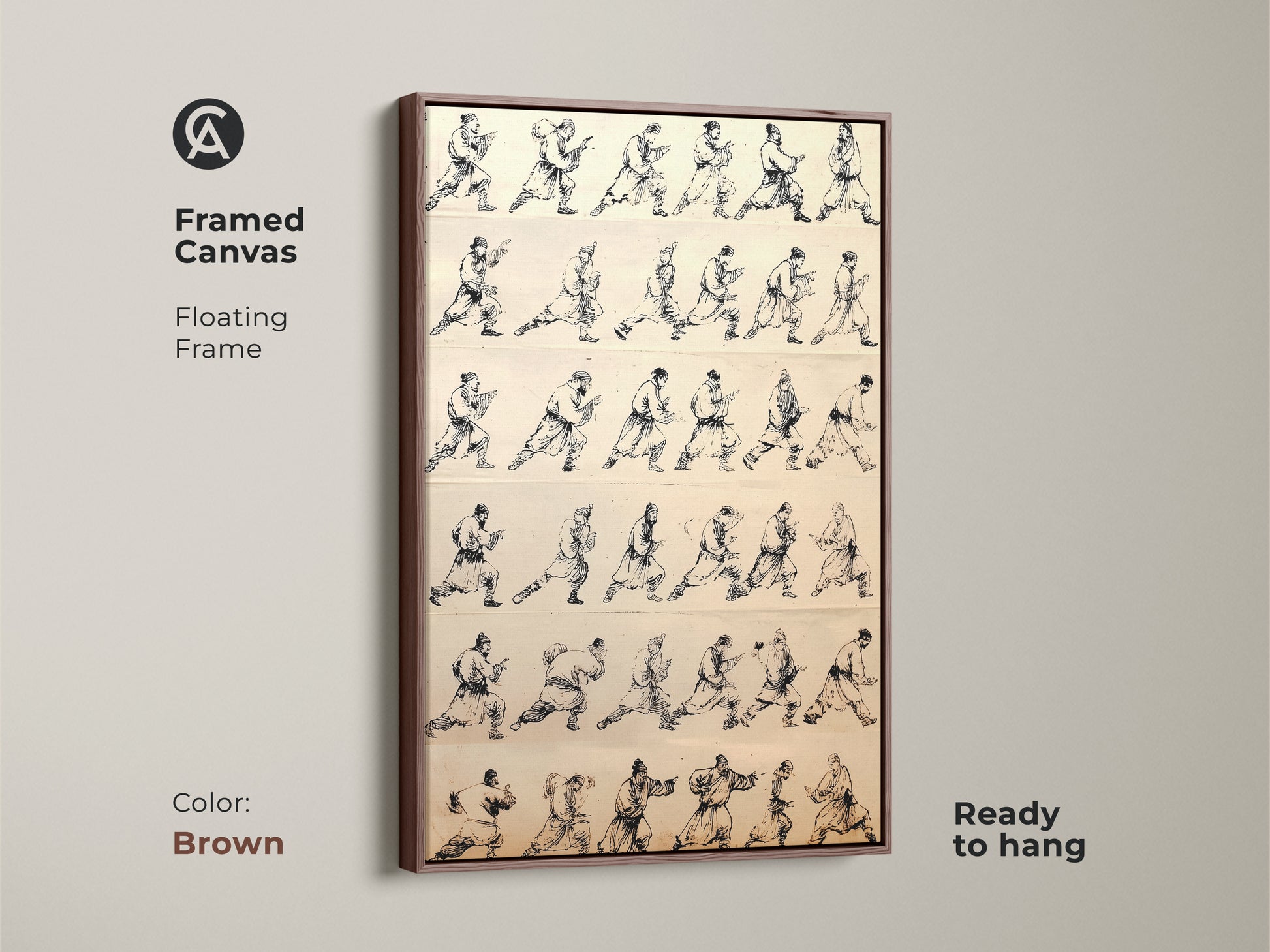 A framed canvas in brown displays traditional Chinese ink wash art. Minimalist black and white artwork depicts martial arts warrior movement studies. The floating frame wall decor brings disciplined energy and historical depth. Ready to hang for a refined cultural space.
