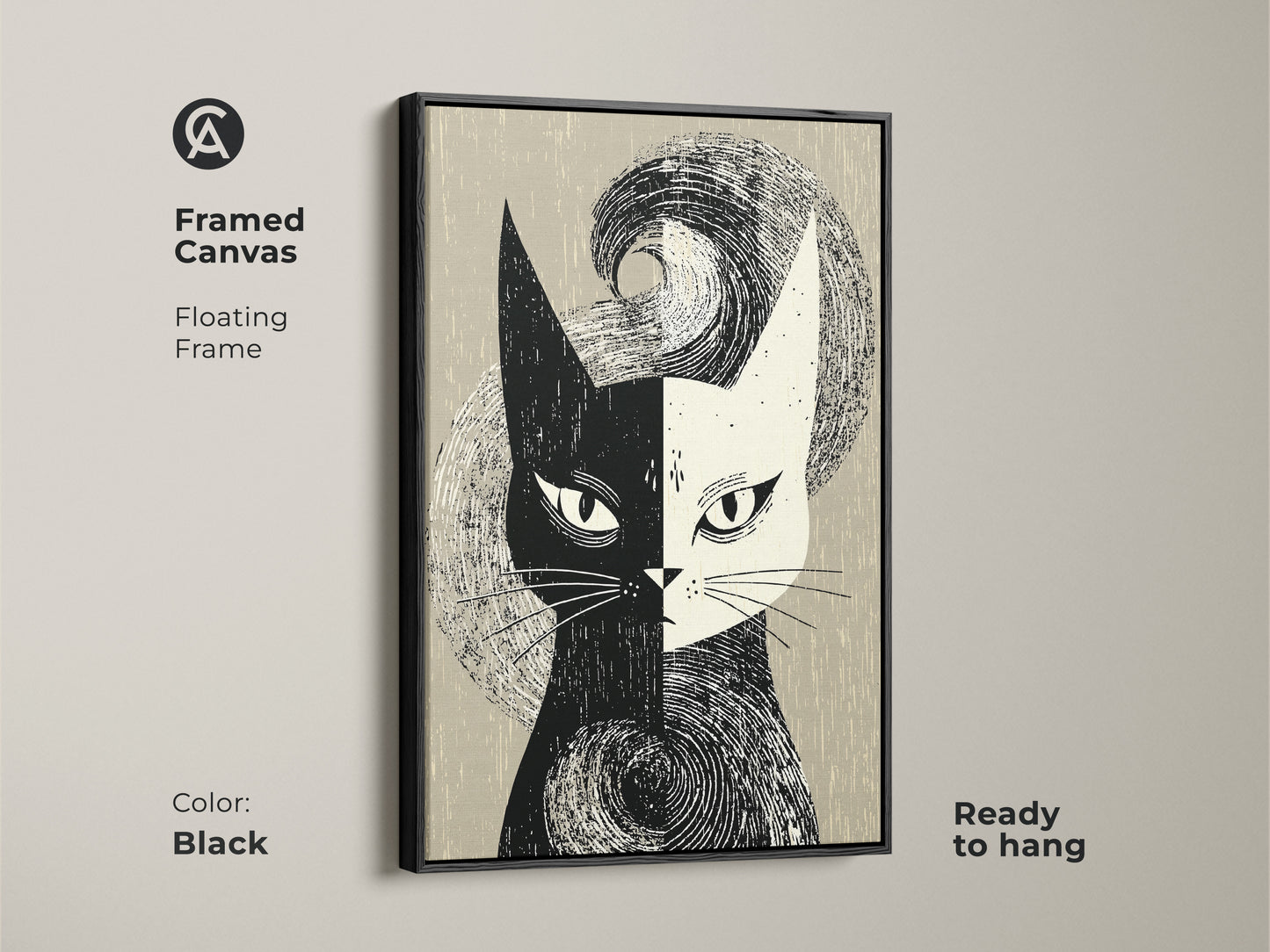 Framed canvas featuring a striking black mid-century modern cat art print. The abstract animal face adds a retro touch to your home decor. Ready to hang with a floating frame. Perfect for living rooms or bedrooms. A unique monochrome cat artwork for modern spaces.