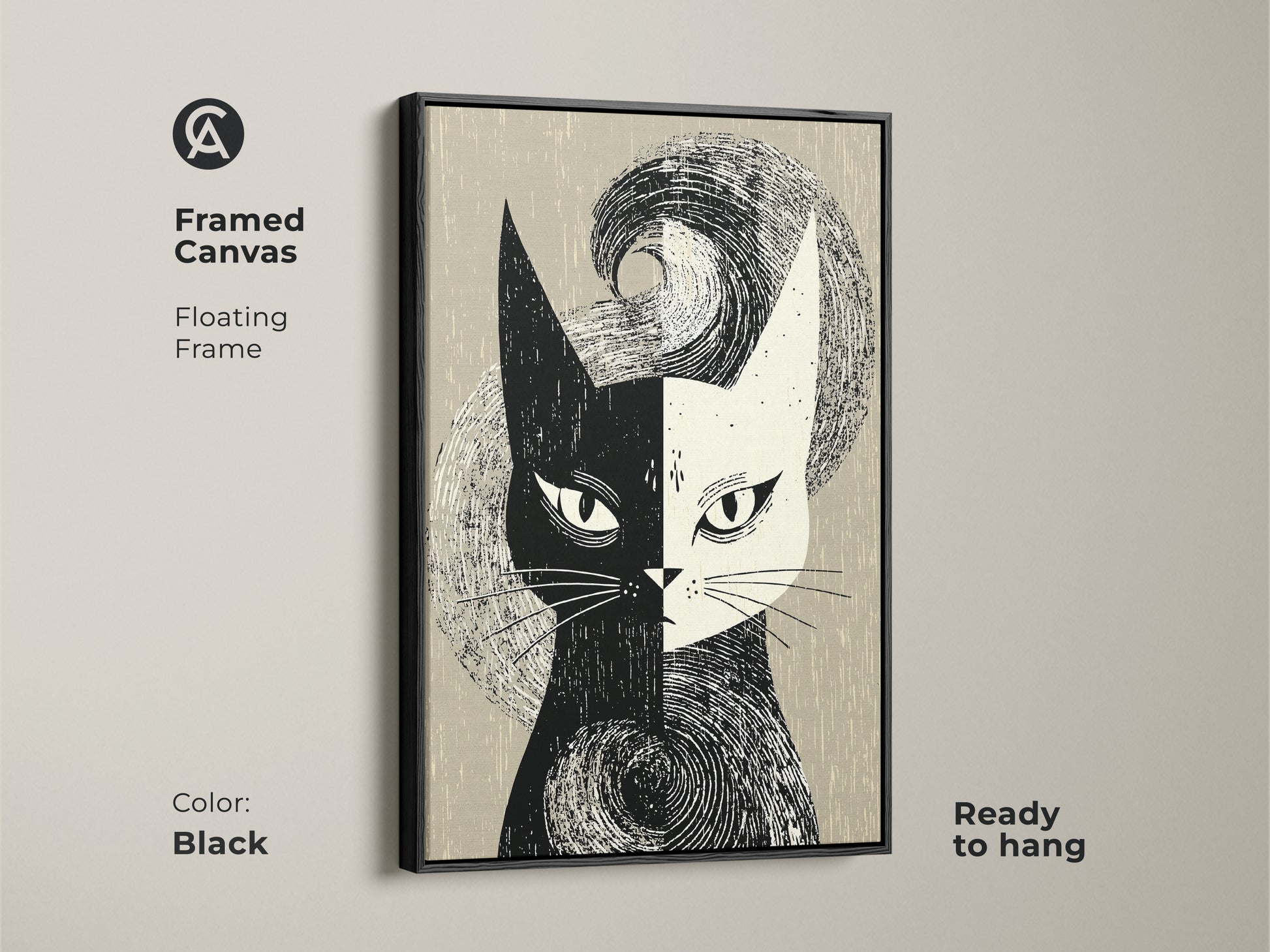 Framed canvas featuring a striking black mid-century modern cat art print. The abstract animal face adds a retro touch to your home decor. Ready to hang with a floating frame. Perfect for living rooms or bedrooms. A unique monochrome cat artwork for modern spaces.