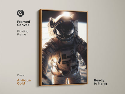 Framed canvas of an astronaut in space with antique gold floating frame. This ready-to-hang artwork features a photorealistic astronaut and golden Earth view. Perfect for adding a touch of adventure to a modern room.