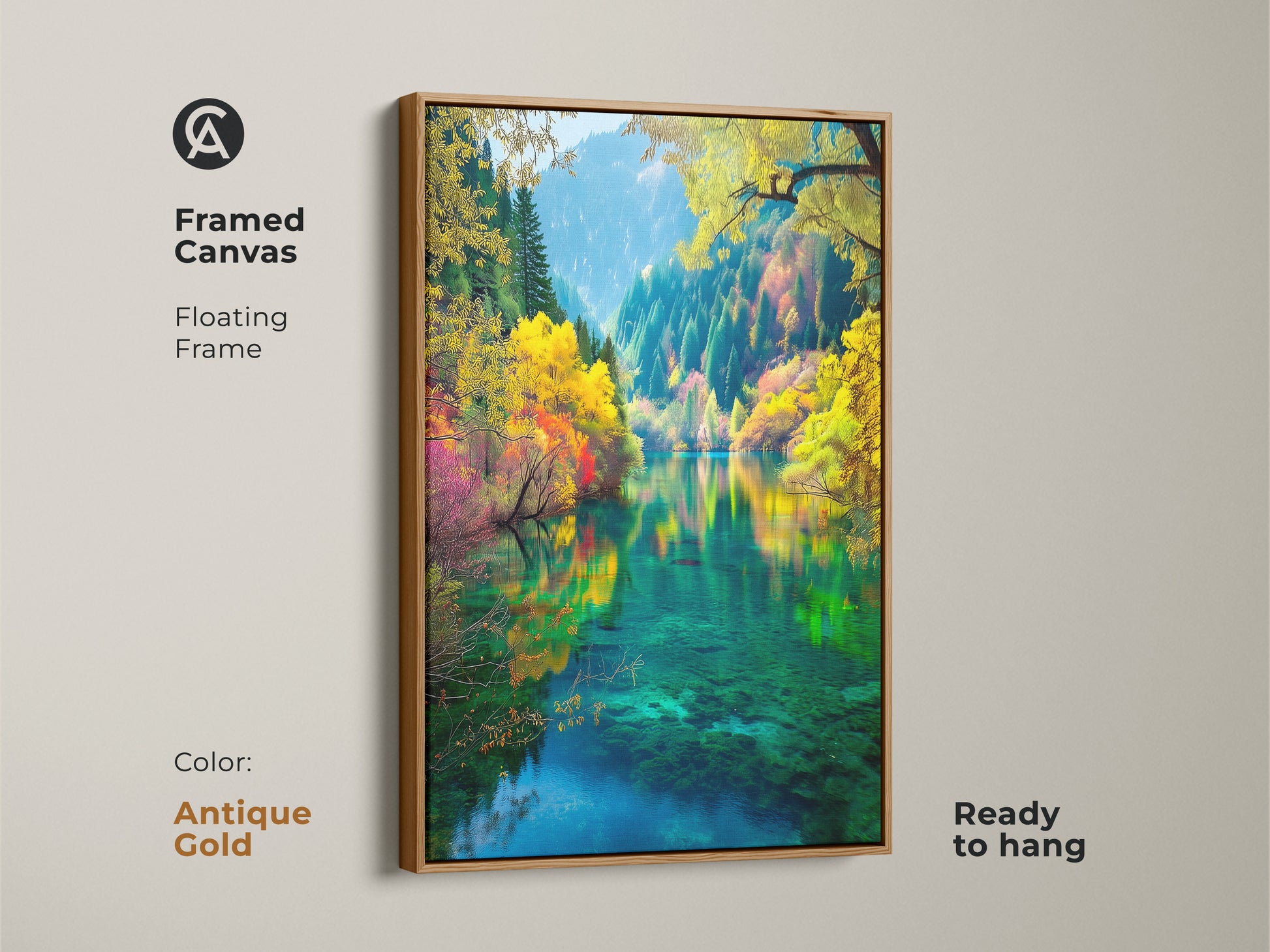 Adorn your walls with this exquisite framed canvas art. Featuring an antique gold floating frame this piece showcases the stunning Jiuzhaigou Valley. Ready to hang it brings a touch of elegance and natural beauty to your home decor.