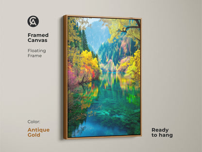 Adorn your walls with this exquisite framed canvas art. Featuring an antique gold floating frame this piece showcases the stunning Jiuzhaigou Valley. Ready to hang it brings a touch of elegance and natural beauty to your home decor.