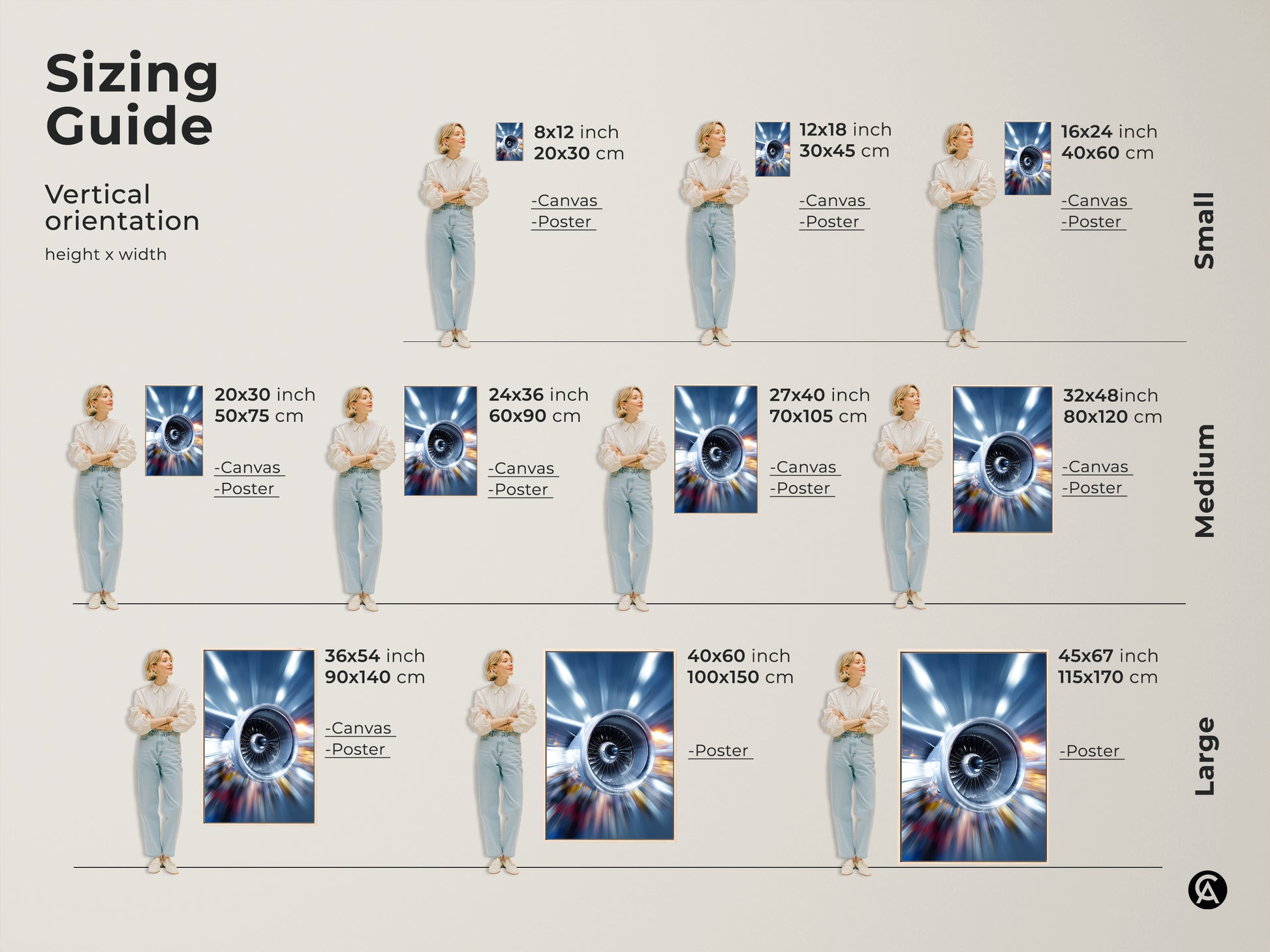 Sizing guide showcasing abstract jet engine canvas and poster prints. Vertical orientation height and width examples are shown. This industrial artwork is perfect for creating a statement in any room. Find the perfect size to complement your office or home decor.