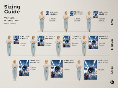 Sizing guide showcasing abstract jet engine canvas and poster prints. Vertical orientation height and width examples are shown. This industrial artwork is perfect for creating a statement in any room. Find the perfect size to complement your office or home decor.