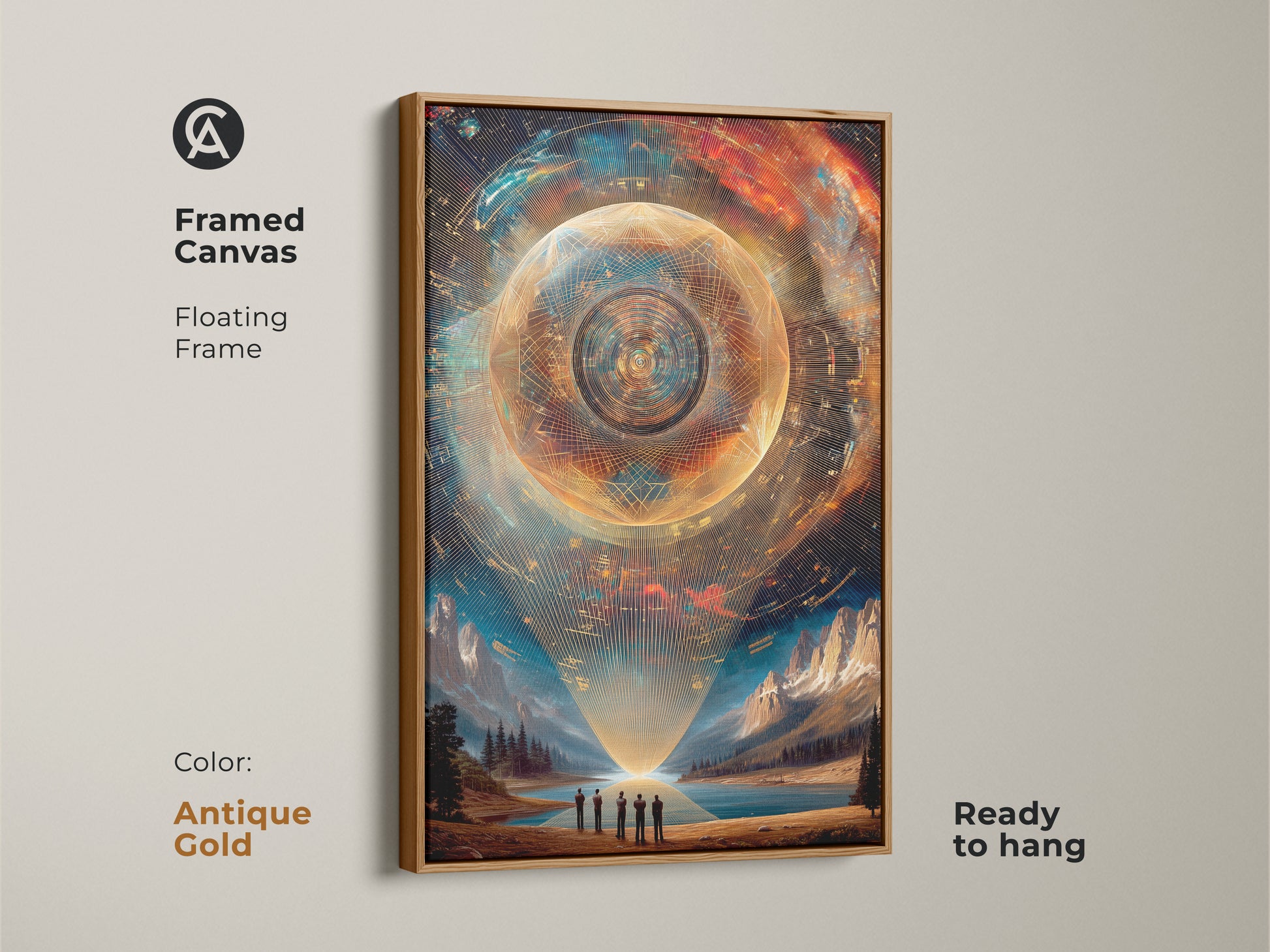 Framed Canvas art featuring an abstract sci-fi sphere. The floating frame has an antique gold finish which enhances the futuristic mountain canvas. Gold teal landscape art is ready to hang. Perfect surreal decor for any office. Ideal for space exploration art lovers and collectors.