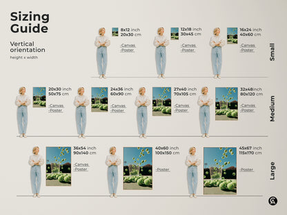 Sizing guide for tennis ball art. Visualize the artwork in various sizes. Available as canvas or poster. Find the perfect fit for your space. Transform any room with this sporty and vibrant art.