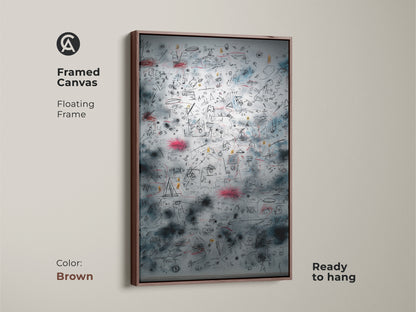 Framed canvas art with a floating frame in brown. The artwork is ready to hang. It features a detailed array of symbols and lines. The brown frame complements the art creating a warm inviting feel. Ideal for living rooms or offices. The floating frame adds an elegant touch to this unique piece of art.