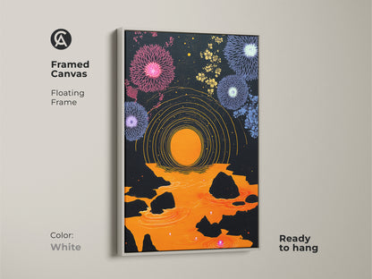 White framed canvas abstract geometric wall art ready to hang. The purple orange canvas print features dandelion fireworks art for eclectic bedroom decor. The modern folk art print is an art lovers gift idea. Shop for black background art today.