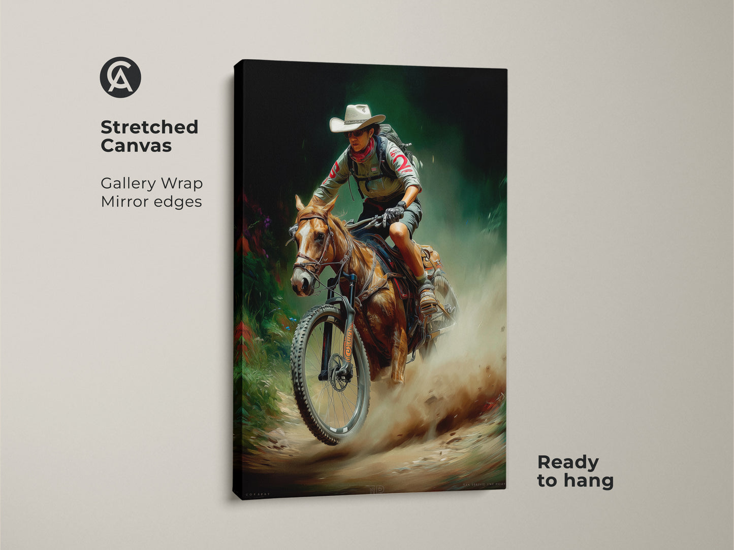 Stretched canvas art print displaying a cowboy riding a horse with a mountain bike. A gallery wrap with mirror edges gives depth to this rustic outdoor adventure artwork. Ready to hang this digital painting brings a unique western meets cycling vibe to any space. Perfect wall decor for adventure enthusiasts.