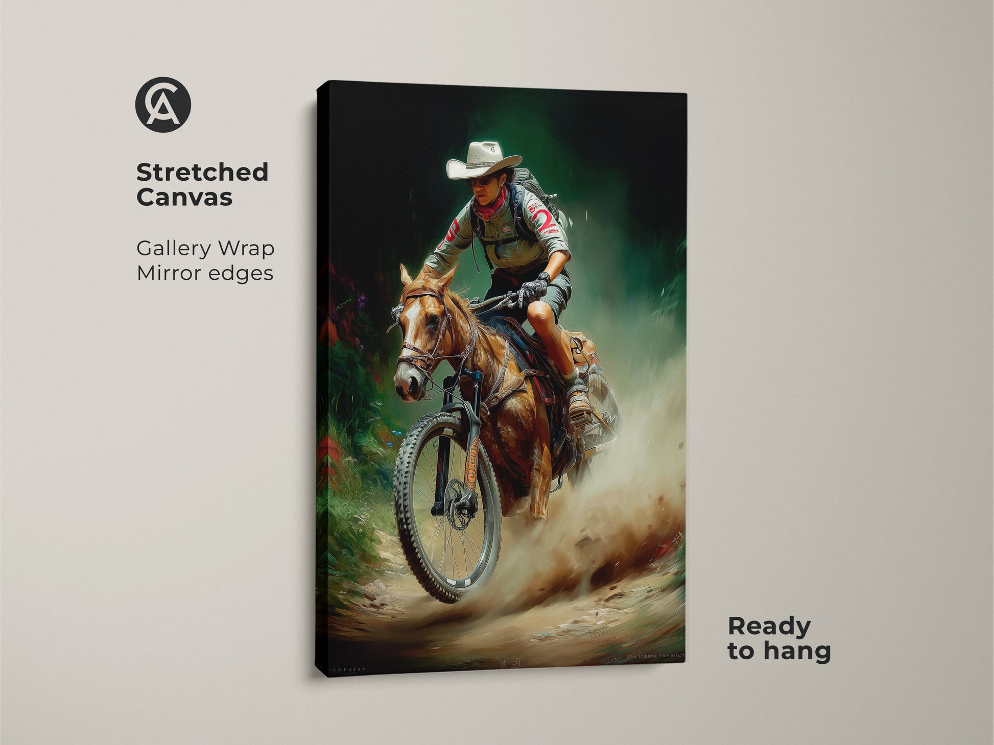 Stretched canvas art print displaying a cowboy riding a horse with a mountain bike. A gallery wrap with mirror edges gives depth to this rustic outdoor adventure artwork. Ready to hang this digital painting brings a unique western meets cycling vibe to any space. Perfect wall decor for adventure enthusiasts.