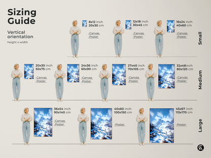 Sizing guide for vertical winter mountain landscape art. Canvas and poster prints in various sizes are shown. Blue and white snowy mountain range artwork for bedroom and living room wall decor.