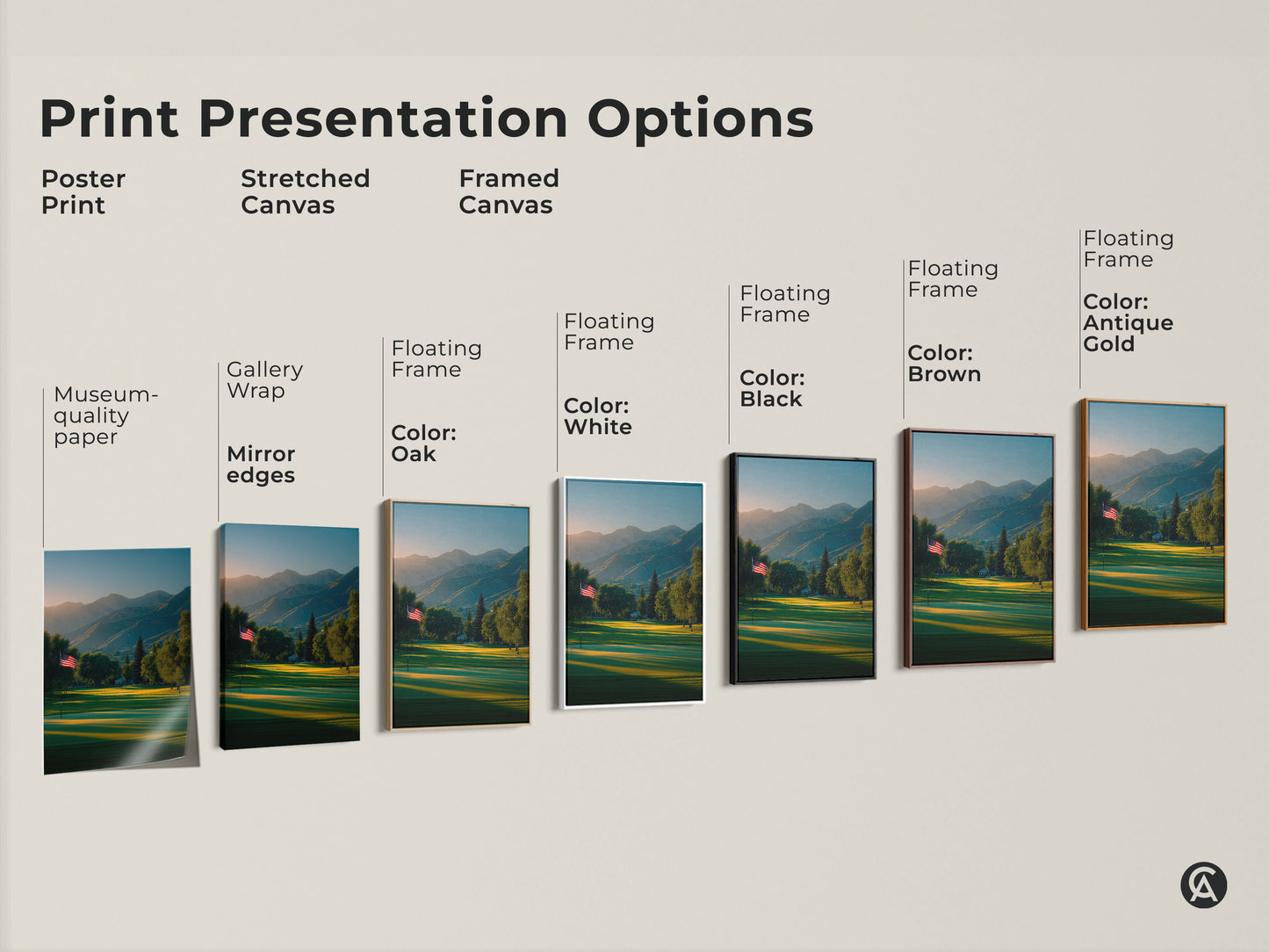Explore print presentation options for golf course artwork. See poster prints stretched canvas and framed canvas choices. Choose from floating frames in oak black brown white or antique gold. Find the perfect art for your space.