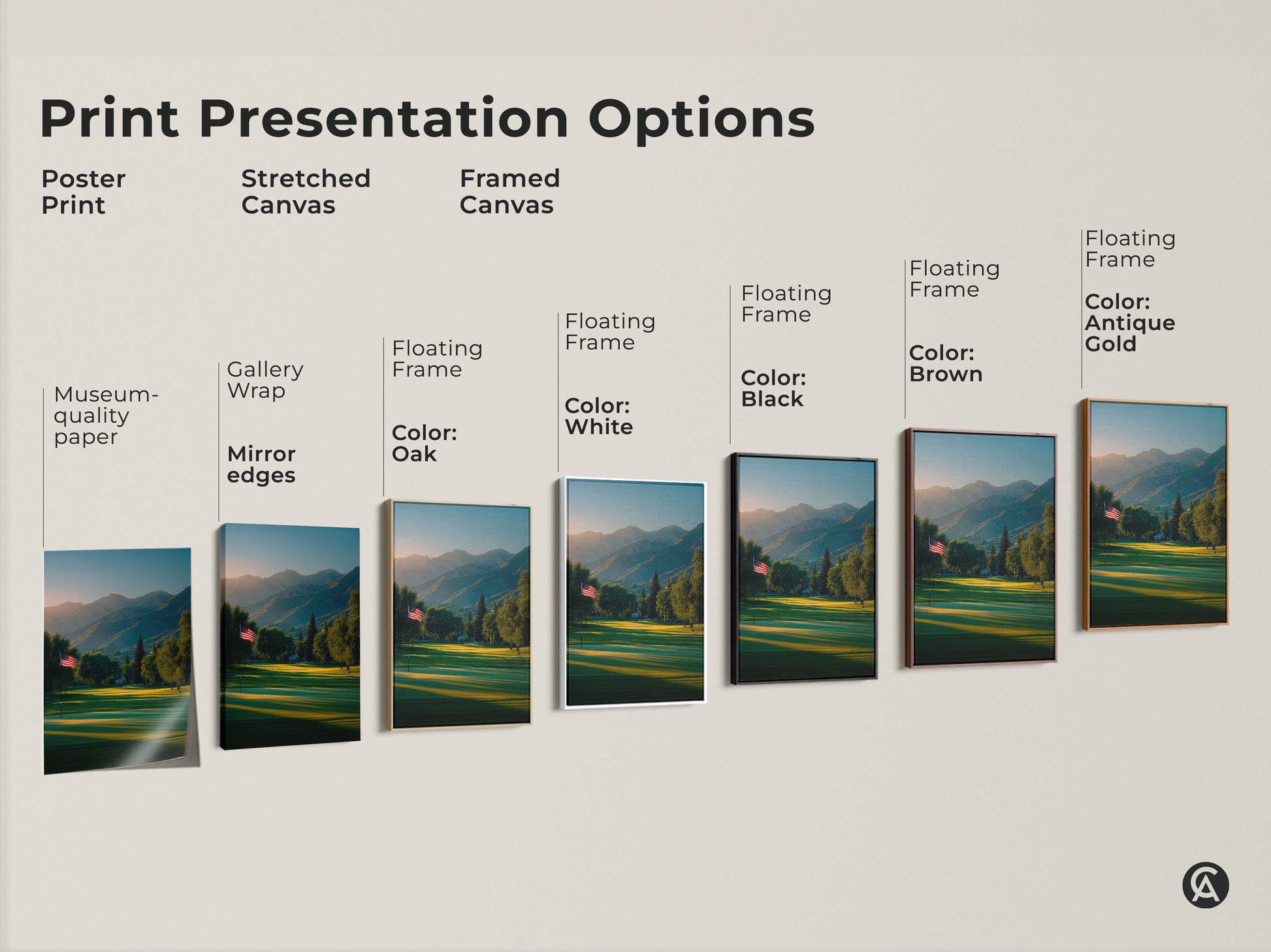 Explore print presentation options for golf course artwork. See poster prints stretched canvas and framed canvas choices. Choose from floating frames in oak black brown white or antique gold. Find the perfect art for your space.