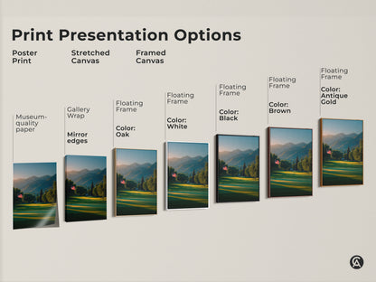 Explore print presentation options for golf course artwork. See poster prints stretched canvas and framed canvas choices. Choose from floating frames in oak black brown white or antique gold. Find the perfect art for your space.