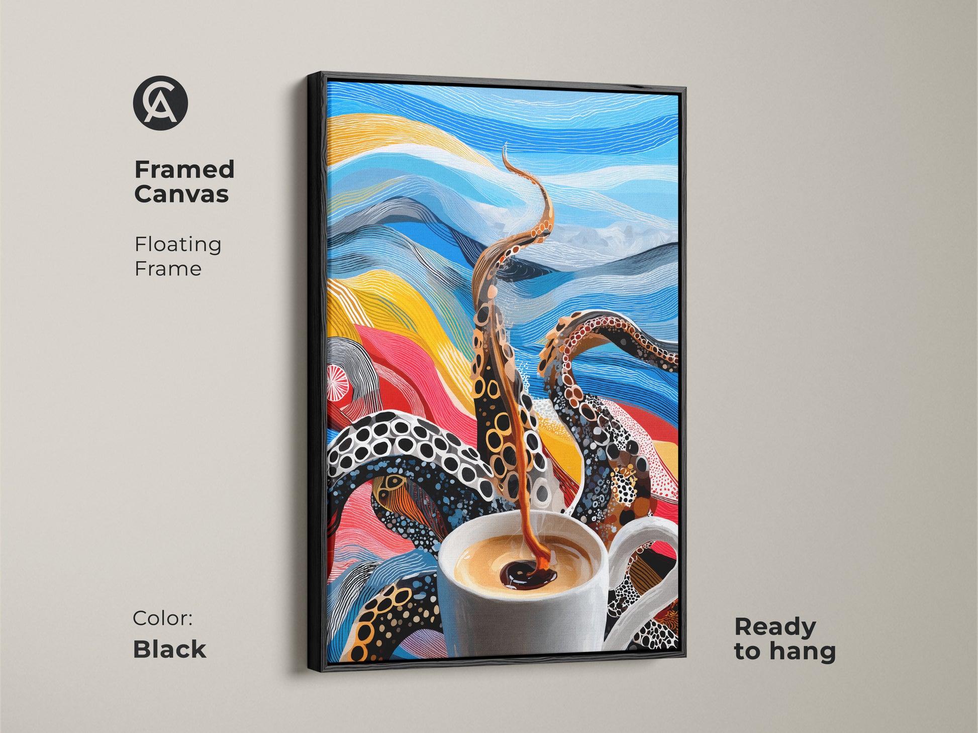 Framed canvas art with floating black frame ready to hang. The surreal artwork features an octopus coffee cup. This is an abstract kitchen decor. The blue yellow red colors make this piece eclectic.