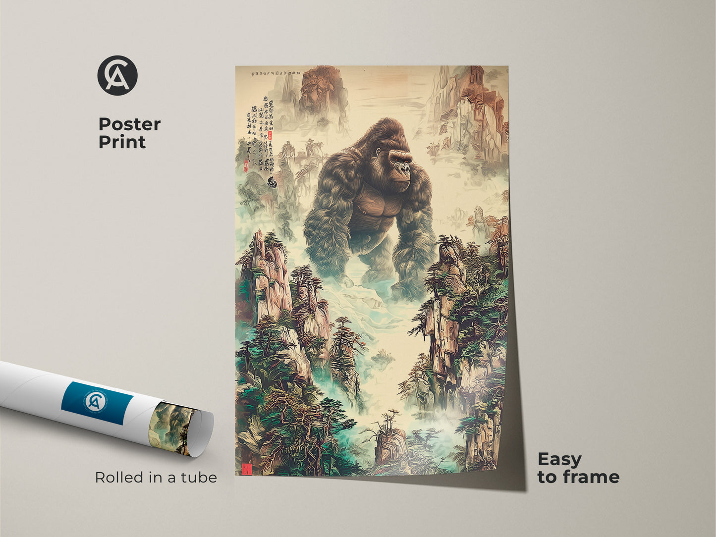 The poster print is rolled in a tube for easy framing. This traditional Chinese art features a gorilla in a mountain landscape. The wildlife gift displays earth tones and deep greens. It's an ink wash painting print. Add this nature inspired wall decor to your study or office.