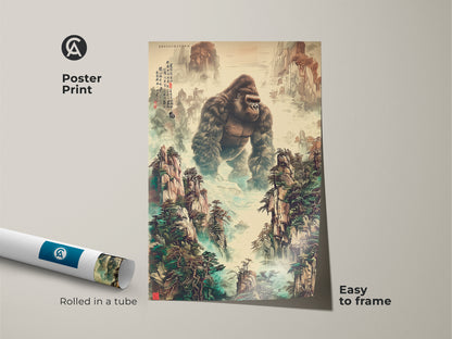 The poster print is rolled in a tube for easy framing. This traditional Chinese art features a gorilla in a mountain landscape. The wildlife gift displays earth tones and deep greens. It's an ink wash painting print. Add this nature inspired wall decor to your study or office.
