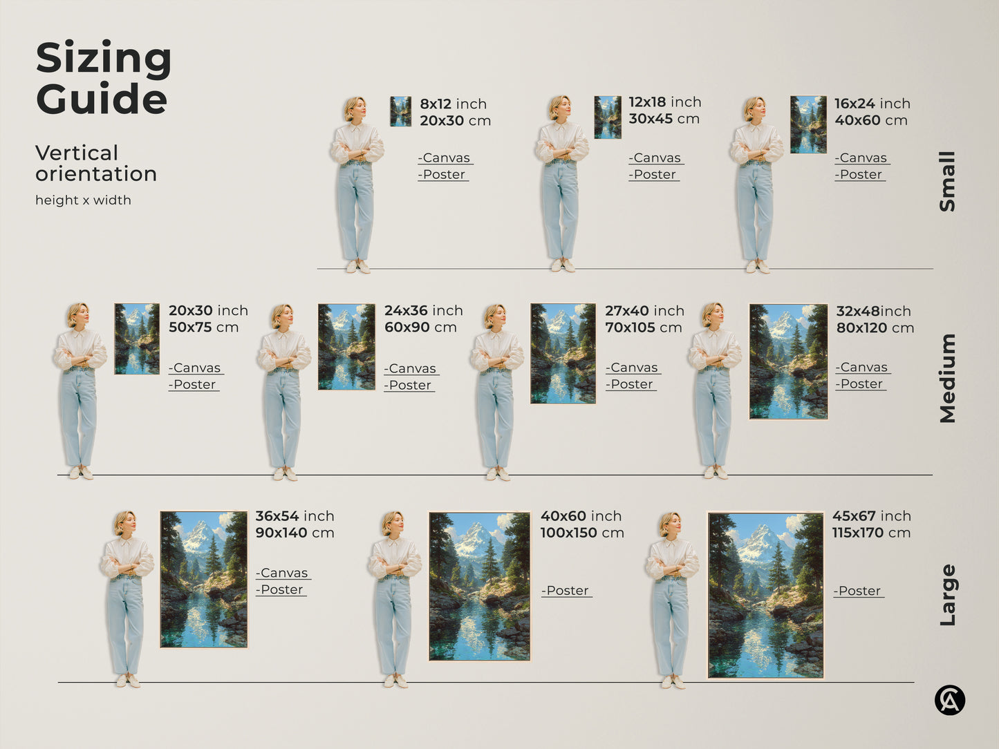 Sizing guide for vertical mountain river artwork orientation. Available in small medium and large sizes. See how canvas and poster prints fit different wall spaces. Dimensions in inches and centimeters. Visualize the perfect size for your nature wall decor.