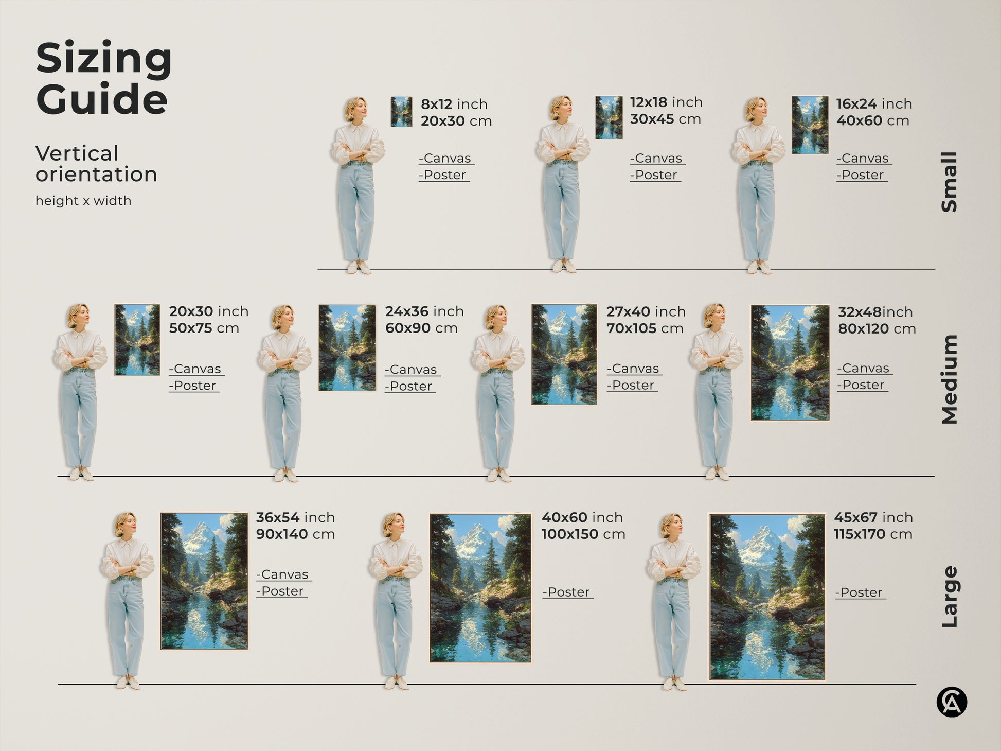 Sizing guide for vertical mountain river artwork orientation. Available in small medium and large sizes. See how canvas and poster prints fit different wall spaces. Dimensions in inches and centimeters. Visualize the perfect size for your nature wall decor.