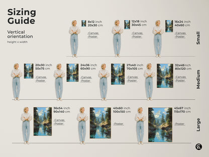 Sizing guide for vertical mountain river artwork orientation. Available in small medium and large sizes. See how canvas and poster prints fit different wall spaces. Dimensions in inches and centimeters. Visualize the perfect size for your nature wall decor.