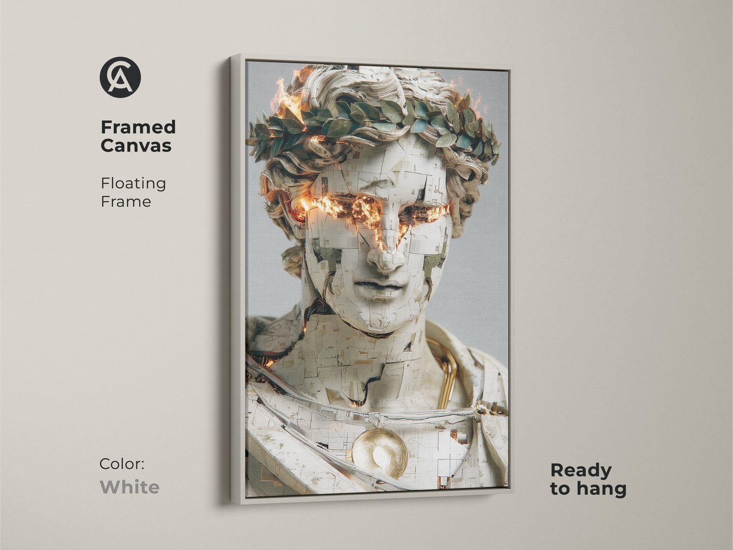 Framed canvas of a contemporary abstract bust with gold orange fire eyes in a floating frame. The white frame complements this unique artwork. Ready to hang this digital print adds a modern touch to any space. It is suitable for study rooms or as a thoughtful gift.