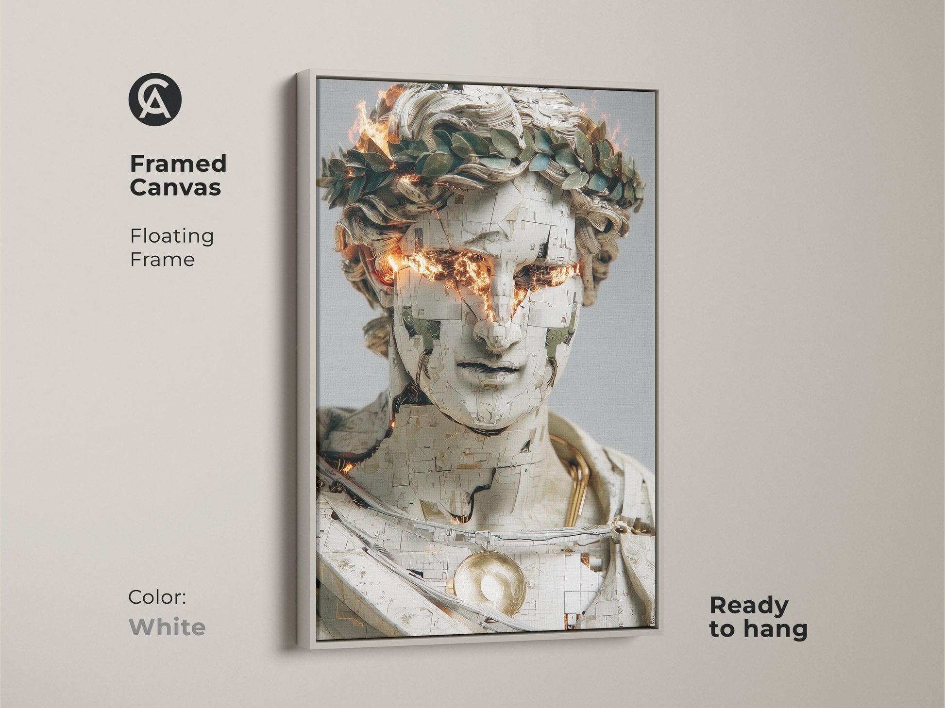 Framed canvas of a contemporary abstract bust with gold orange fire eyes in a floating frame. The white frame complements this unique artwork. Ready to hang this digital print adds a modern touch to any space. It is suitable for study rooms or as a thoughtful gift.