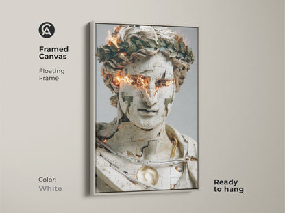 Framed canvas of a contemporary abstract bust with gold orange fire eyes in a floating frame. The white frame complements this unique artwork. Ready to hang this digital print adds a modern touch to any space. It is suitable for study rooms or as a thoughtful gift.