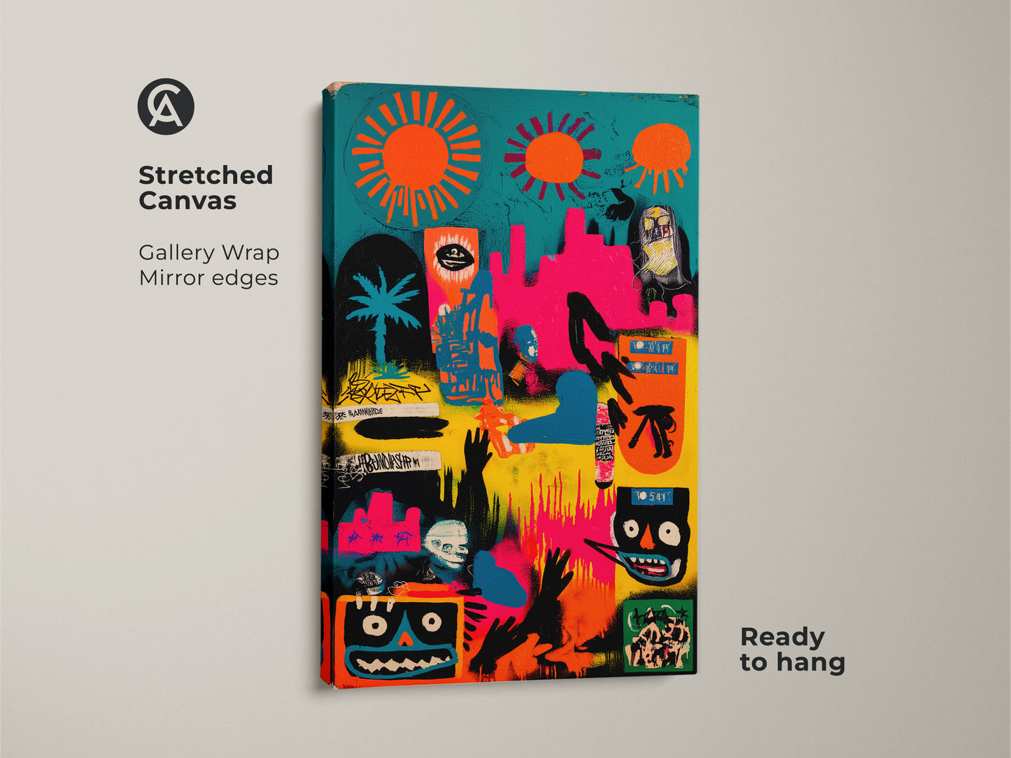 Stretched canvas displaying an abstract art piece. The gallery wrapped canvas has mirrored edges. The artwork's style is similar to Basquiat with bright colors and figures. The canvas is ready to hang adding an artistic touch
