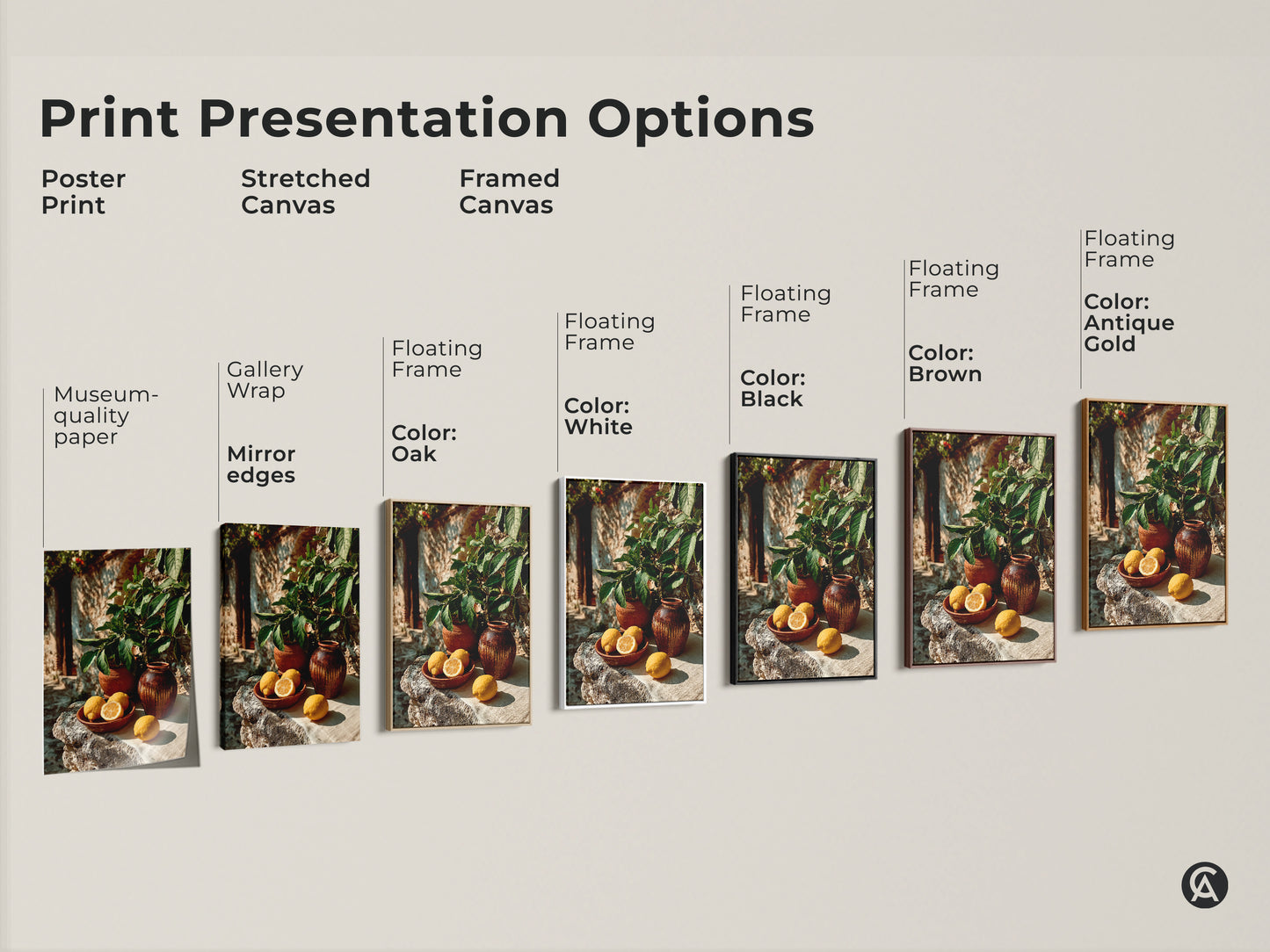 Bring a rustic Mediterranean touch to your kitchen. This art print features lemons and terracotta vases. The yellow and green color palette creates a farmhouse feel. A perfect botanical foodie gift.