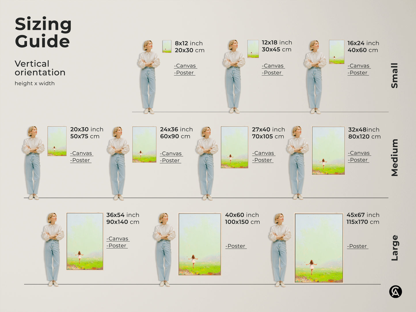 Find the perfect size for your expressive girl in field painting. Use our sizing guide to visualize our canvas and poster art in various dimensions. From small 8x12 inch prints to large 45x67 inch canvases. Discover the ideal fit for your space. Elevate your boho decor with our Emerald Green landscape art.