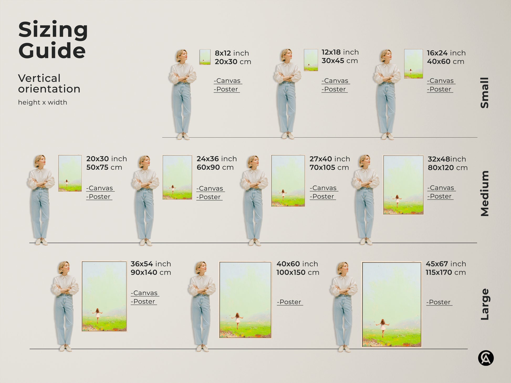 Find the perfect size for your expressive girl in field painting. Use our sizing guide to visualize our canvas and poster art in various dimensions. From small 8x12 inch prints to large 45x67 inch canvases. Discover the ideal fit for your space. Elevate your boho decor with our Emerald Green landscape art.