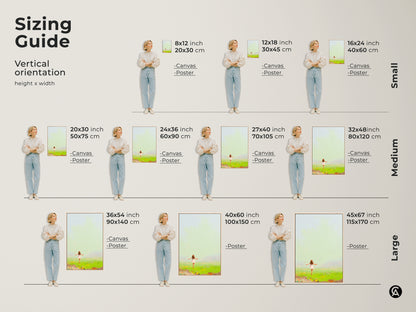 Find the perfect size for your expressive girl in field painting. Use our sizing guide to visualize our canvas and poster art in various dimensions. From small 8x12 inch prints to large 45x67 inch canvases. Discover the ideal fit for your space. Elevate your boho decor with our Emerald Green landscape art.