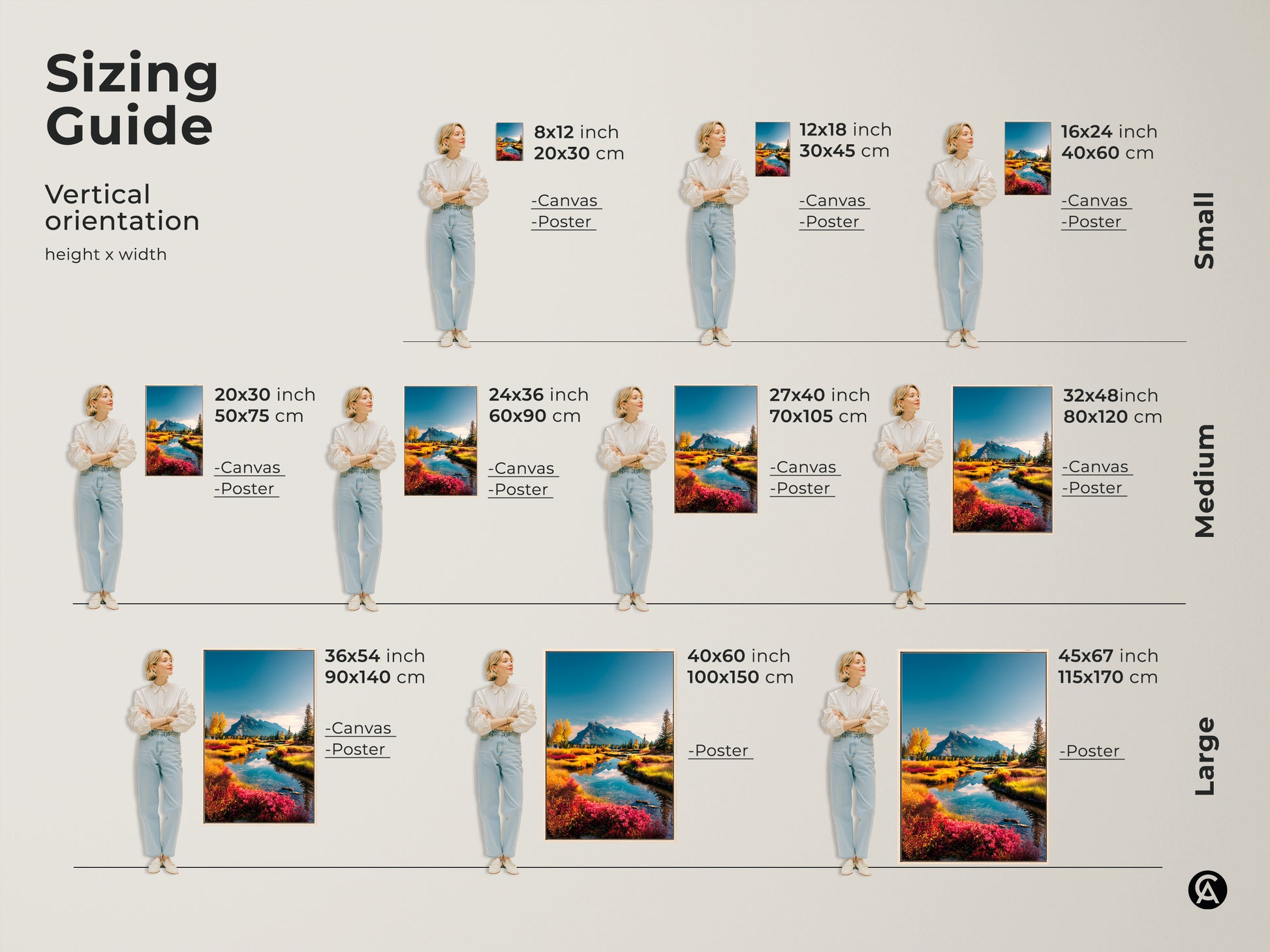 Sizing guide for vertical artwork. See how different sizes of canvas and poster prints look. Available in small medium and large. Find the perfect fit for your space and wall.