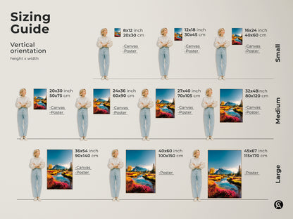 Sizing guide for vertical artwork. See how different sizes of canvas and poster prints look. Available in small medium and large. Find the perfect fit for your space and wall.
