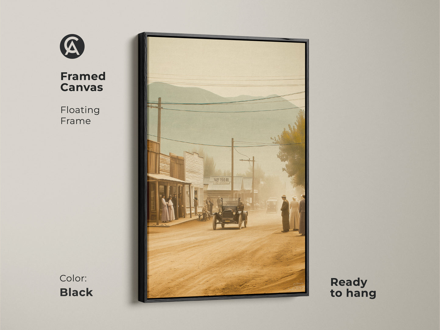 Framed canvas art in black. The artwork features a sepia toned image of an old western town. The floating frame enhances the vintage aesthetic. This ready to hang art print brings a historical feel to your decor. Perfect for adding a sophisticated touch to your living room or office.