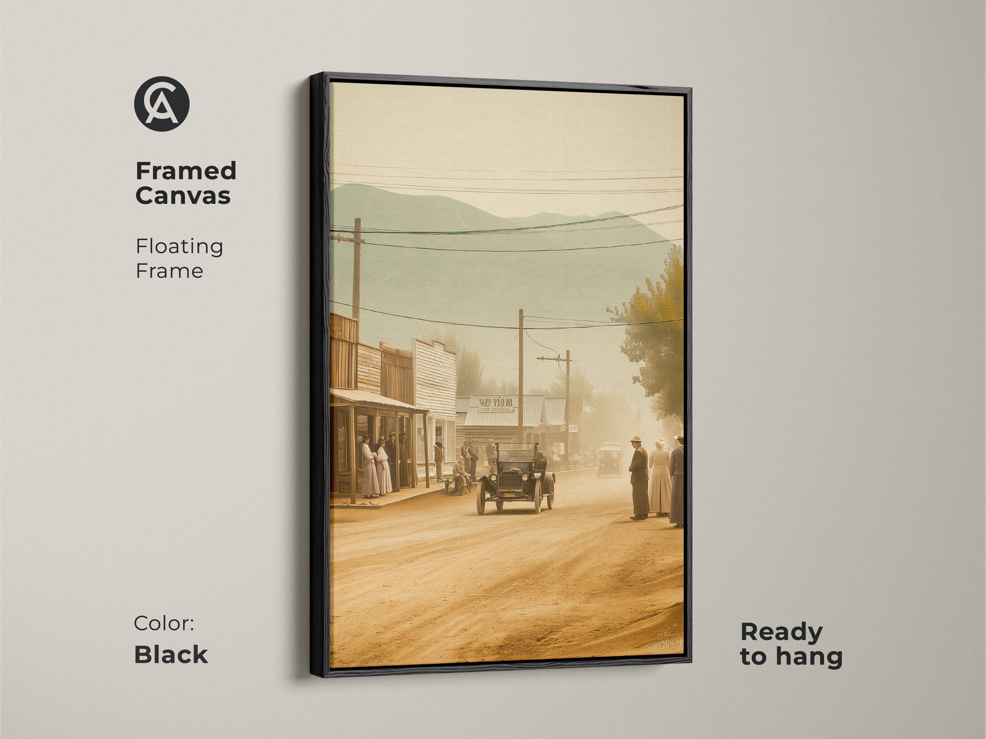 Framed canvas art in black. The artwork features a sepia toned image of an old western town. The floating frame enhances the vintage aesthetic. This ready to hang art print brings a historical feel to your decor. Perfect for adding a sophisticated touch to your living room or office.