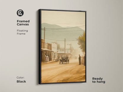 Framed canvas art in black. The artwork features a sepia toned image of an old western town. The floating frame enhances the vintage aesthetic. This ready to hang art print brings a historical feel to your decor. Perfect for adding a sophisticated touch to your living room or office.