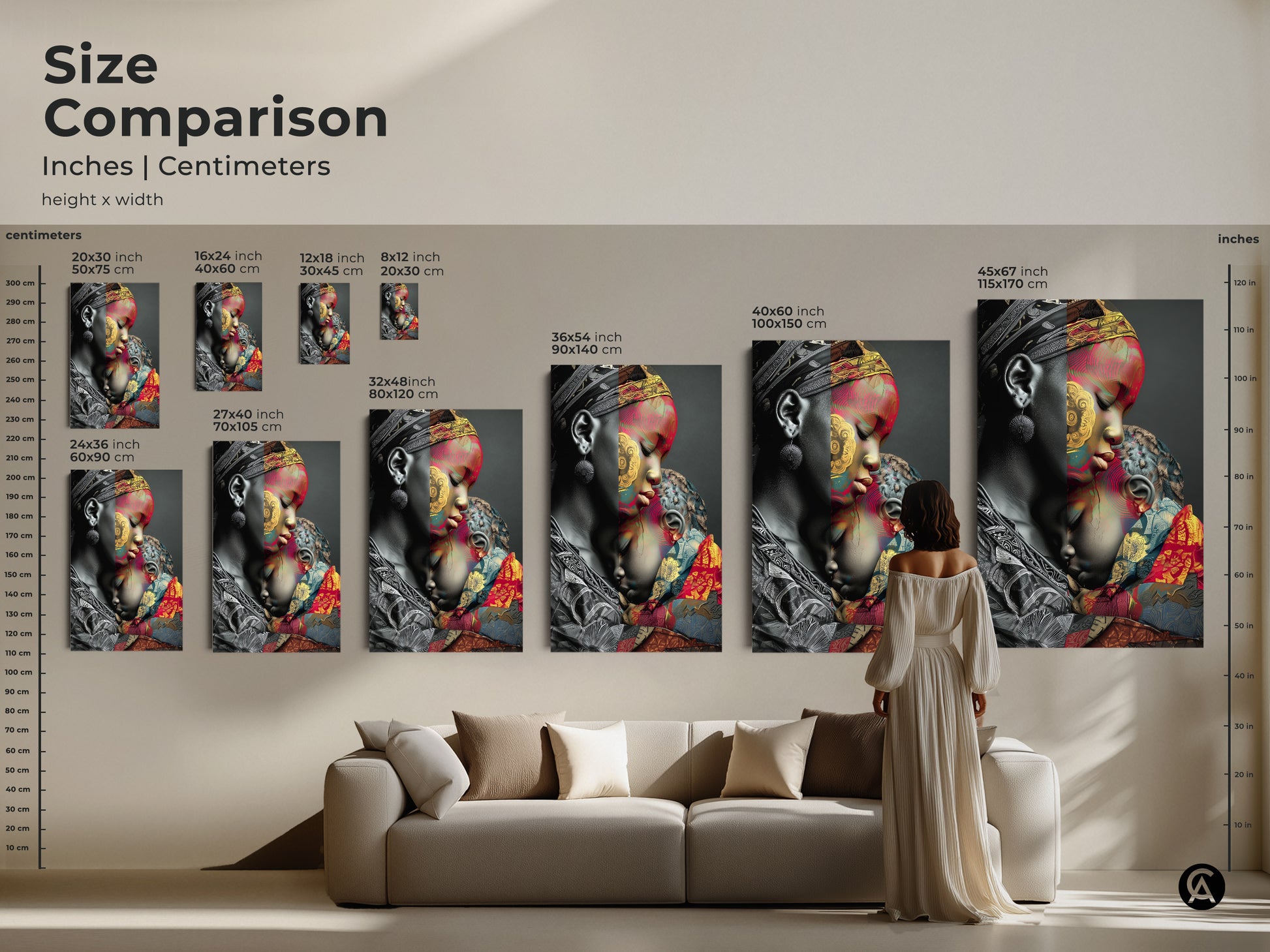 Compare sizes of the 'Mother and Child' artwork. Inches and centimeters are displayed. Various sizes are showcased in a living room setting. Select the perfect family love art print for your eclectic home decor. The abstract expressionist art features gold red and teal colors. This is contemporary wall decor at its best.