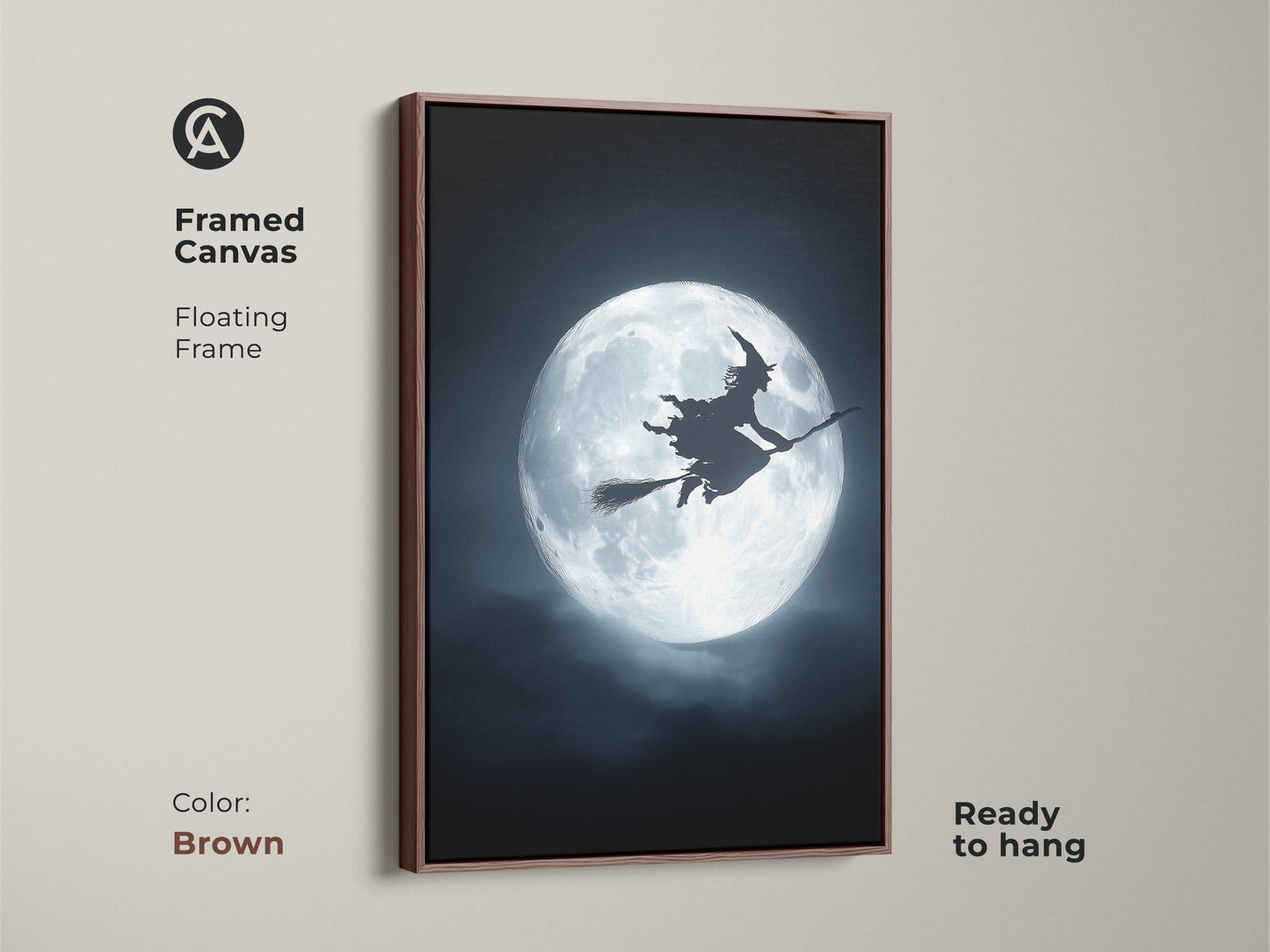 Framed canvas in brown showcasing gothic witch wall art.  Halloween witchcraft decor features a witch flying across a full moon. This eclectic fantasy art uses dark blue and silver tones. Perfect witchy gift for her.