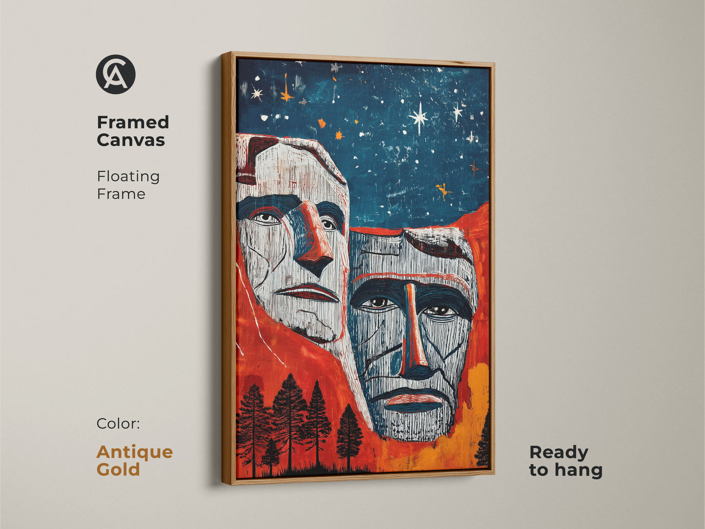 Framed canvas in antique gold featuring Mount Rushmore artwork. View American Presidents in red blue orange. This eclectic home decor is ready to hang. A floating frame complements the artwork. Expressionist art for a unique wall display. Patriotic decor to enhance your space today.