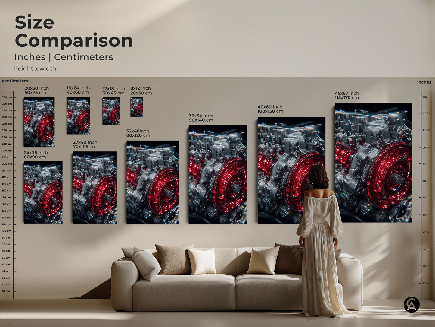 Size comparison of Automotive Engine artwork in inches and centimeters. See the difference between 16x24 36x54 and 45x67 options. Visualize how it looks above a sofa.