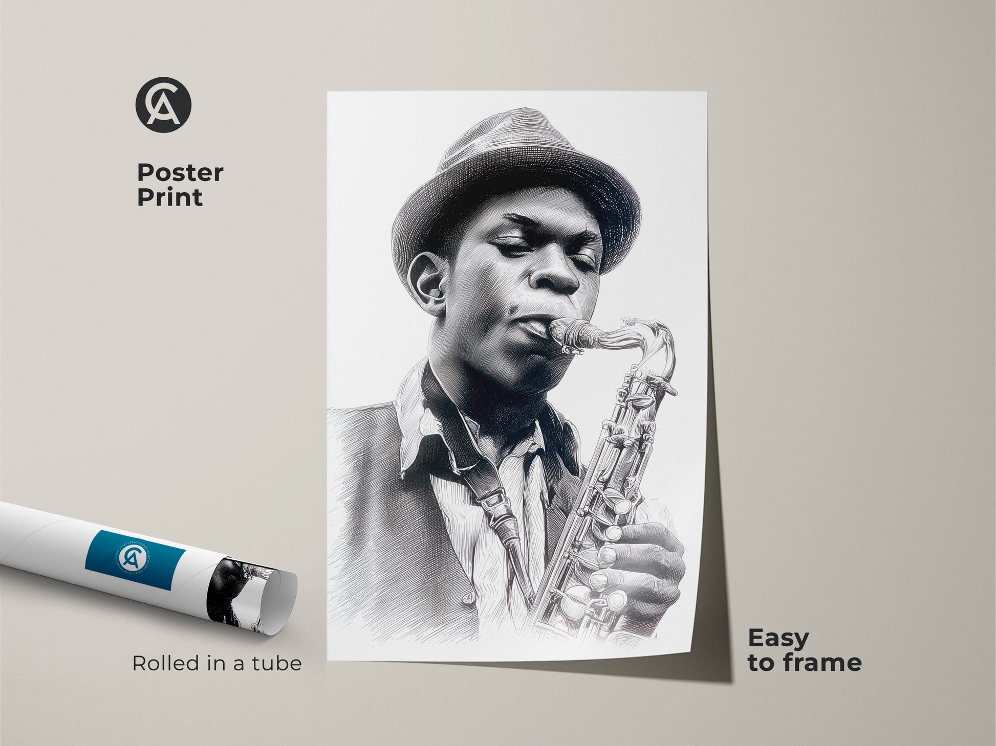 Poster print featuring a black and white sketch of a man playing saxophone. The art is rolled in a tube for easy framing. A great musician gift idea for jazz lovers. The subject is wearing a fedora hat.