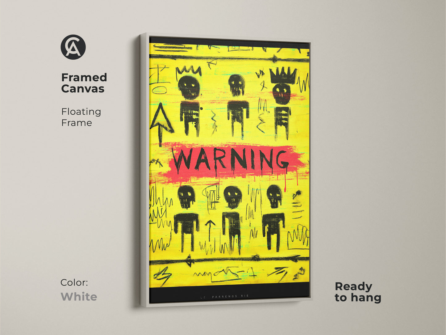 Framed canvas with white floating frame featuring yellow and black graffiti. This abstract street artwork is ready to hang. Neo-expressionism art for bold office decor. A unique gift for eclectic home decor. This skull art print adds a modern touch.