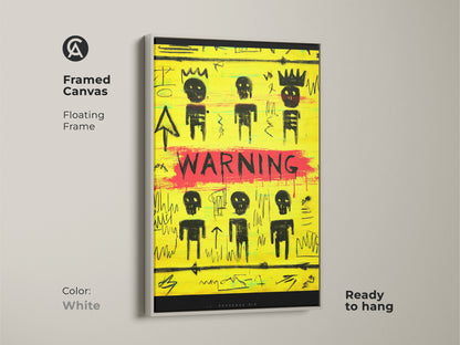 Framed canvas with white floating frame featuring yellow and black graffiti. This abstract street artwork is ready to hang. Neo-expressionism art for bold office decor. A unique gift for eclectic home decor. This skull art print adds a modern touch.