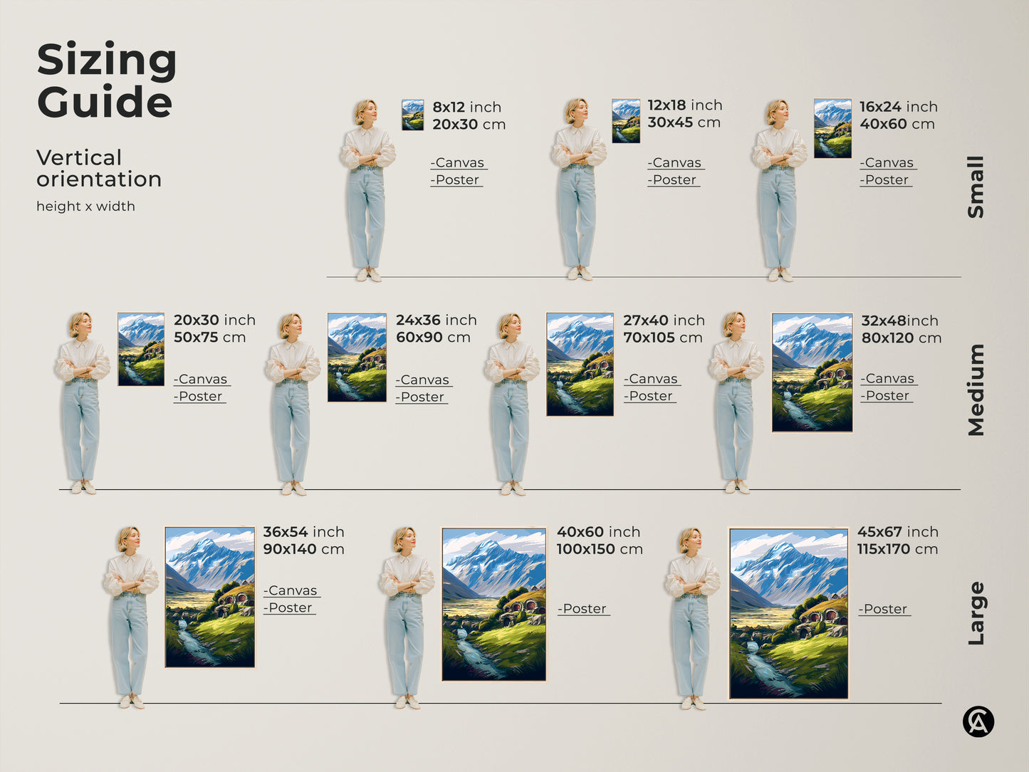 Sizing guide for vertical fantasy landscape artwork. See the art in various sizes from small to large. Each shows a hobbit hole mountain and river scene.