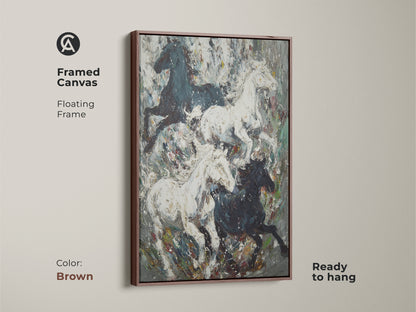 Framed canvas of wild horses in a floating frame with a brown finish. Impressionist horse print adds a touch of elegance to any room. Textured horse painting enhances your home decor. This equestrian artwork is ready to hang. Perfect for neutral color schemes.
